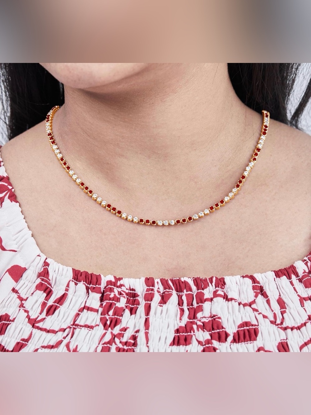 6.7 CTW Diamond Ruby Tennis Necklace 925 Sterling Silver 14K Yellow Gold Plated